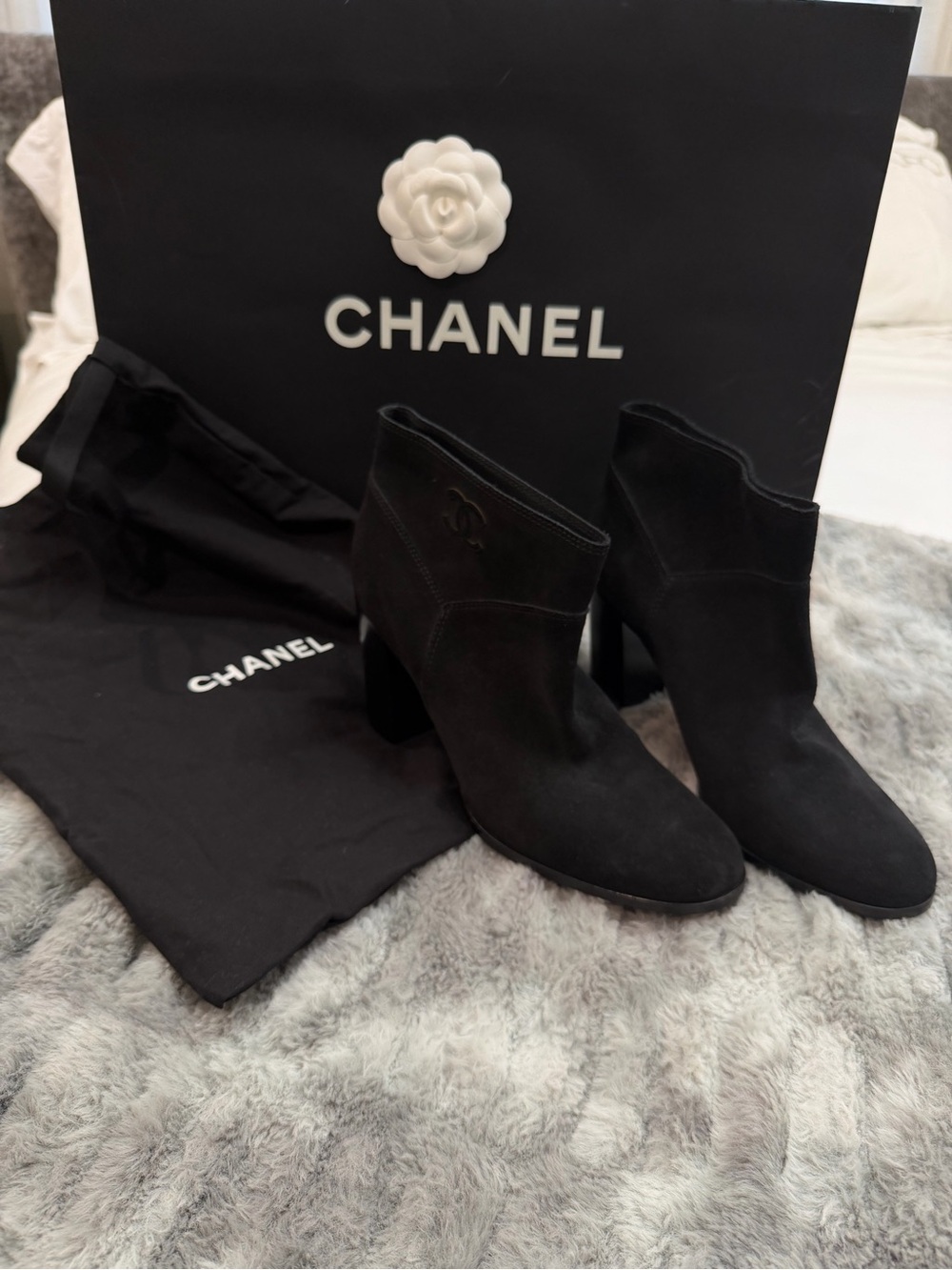 CHANEL Black Suede Ankle Booties with Sculpted Heel